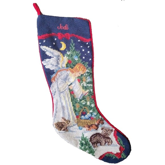 Lands End Angel Needlepoint Christmas Stocking Wool JODI monogram 90's animals - Picture 10 of 10